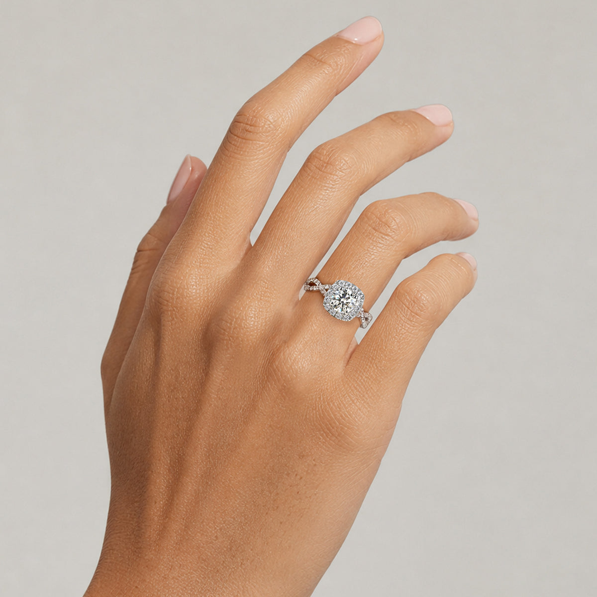 Halo Art Deco Design Round Cut Lab Grown Diamond Cathedral Basket Twisted Infinity Shank Engagement Ring With Round Cut Accent Stones #MCERL0069