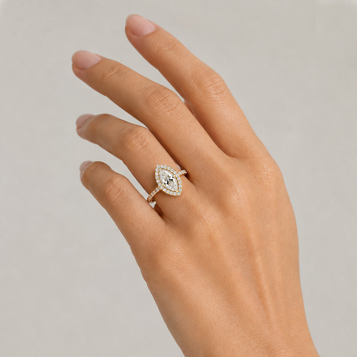 Classic Halo Design Marquise Cut Lab Grown Diamond Cathedral Basket Pave Shank Engagement Ring With Round Cut Accent Stones #MCERL0070