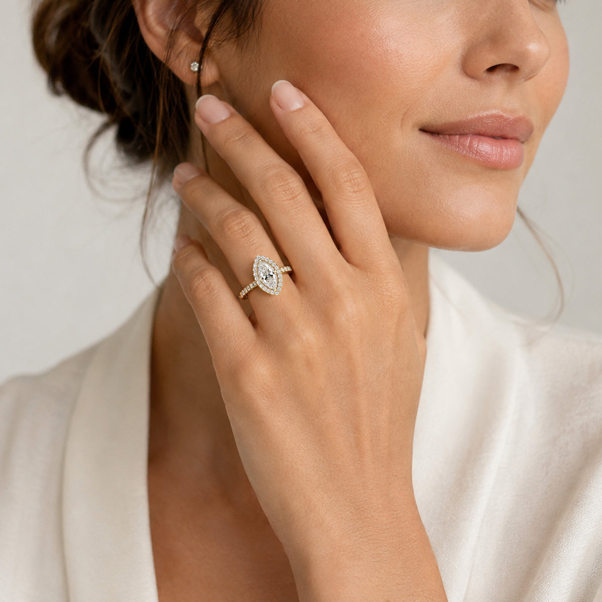 Classic Halo Design Marquise Cut Lab Grown Diamond Cathedral Basket Pave Shank Engagement Ring With Round Cut Accent Stones #MCERL0070