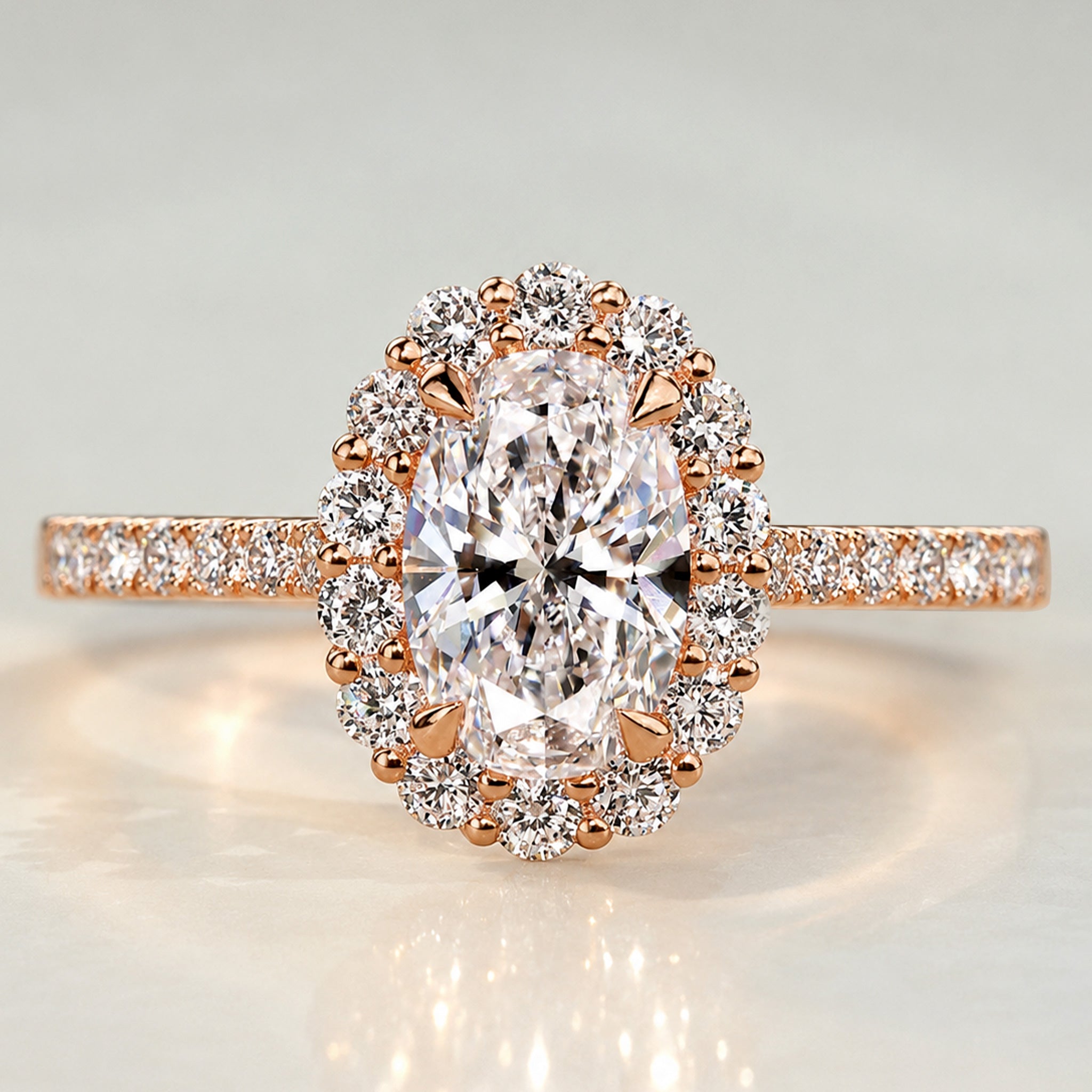 Classic Halo Design Oval Cut Lab Grown Diamond Cathedral Basket Pave Shank Engagement Ring #MCERL0073