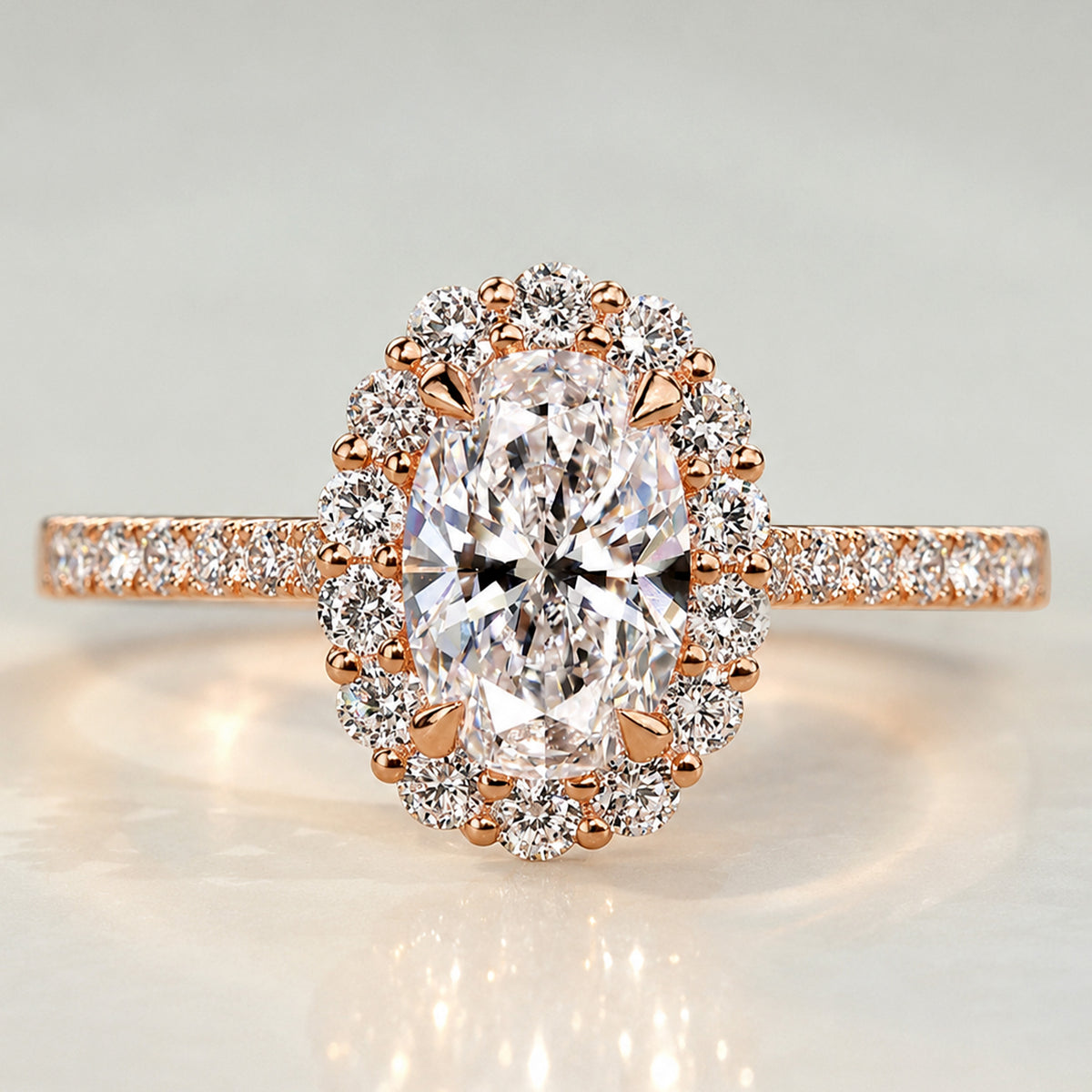 Classic Halo Design Oval Cut Lab Grown Diamond Cathedral Basket Pave Shank Engagement Ring #MCERL0073