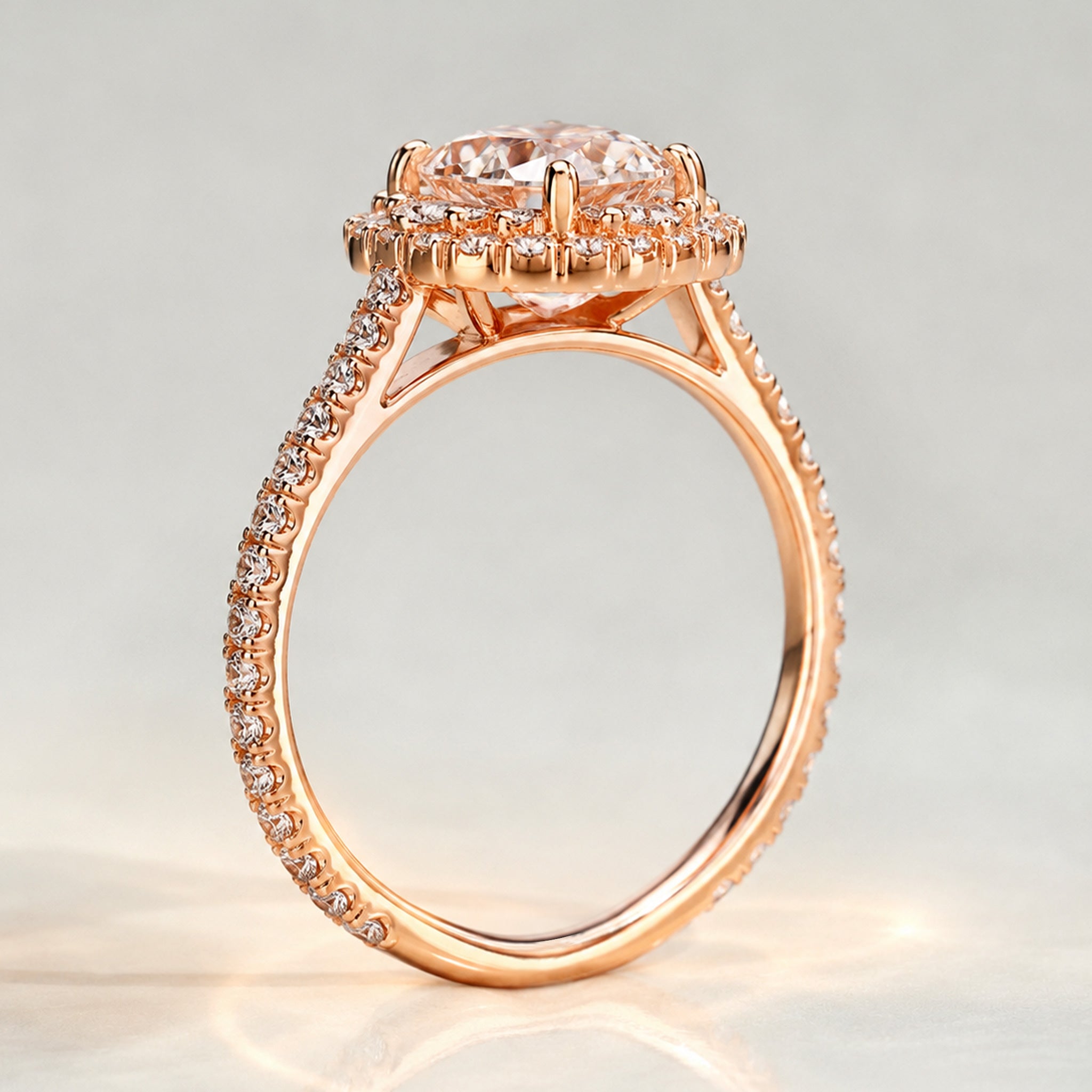 Classic Halo Design Oval Cut Lab Grown Diamond Cathedral Basket Pave Shank Engagement Ring #MCERL0073