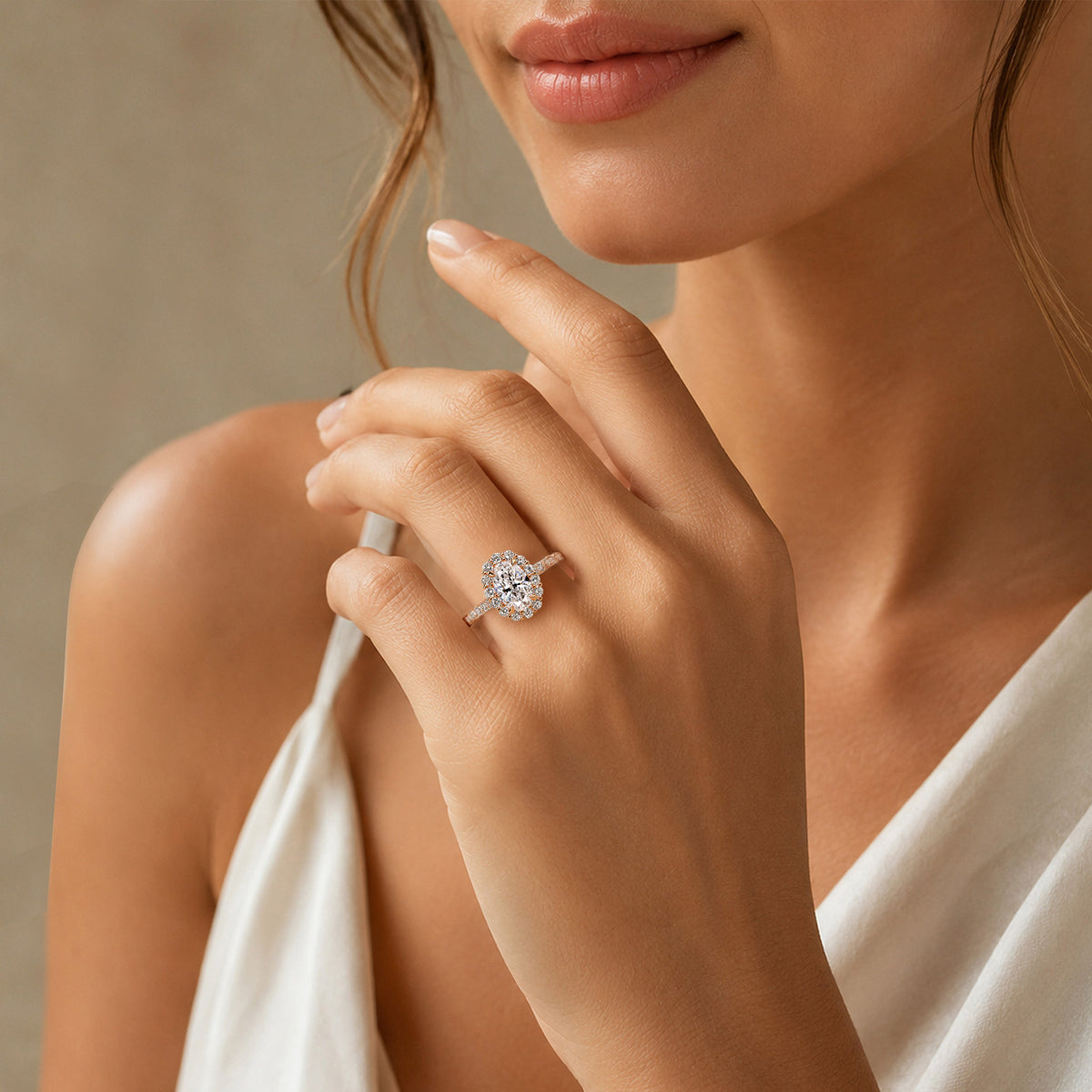 Classic Halo Design Oval Cut Lab Grown Diamond Cathedral Basket Pave Shank Engagement Ring #MCERL0073
