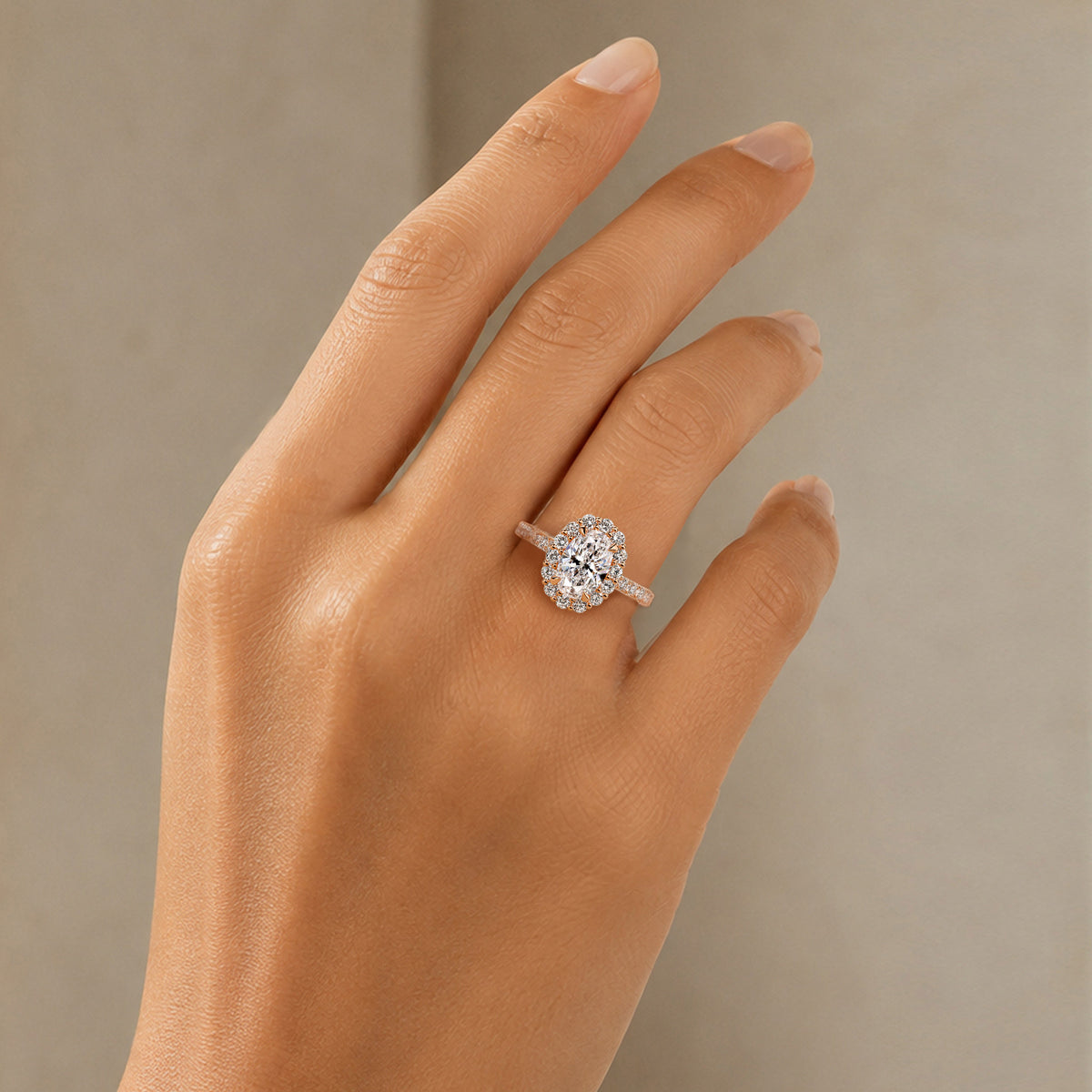 Classic Halo Design Oval Cut Lab Grown Diamond Cathedral Basket Pave Shank Engagement Ring #MCERL0073