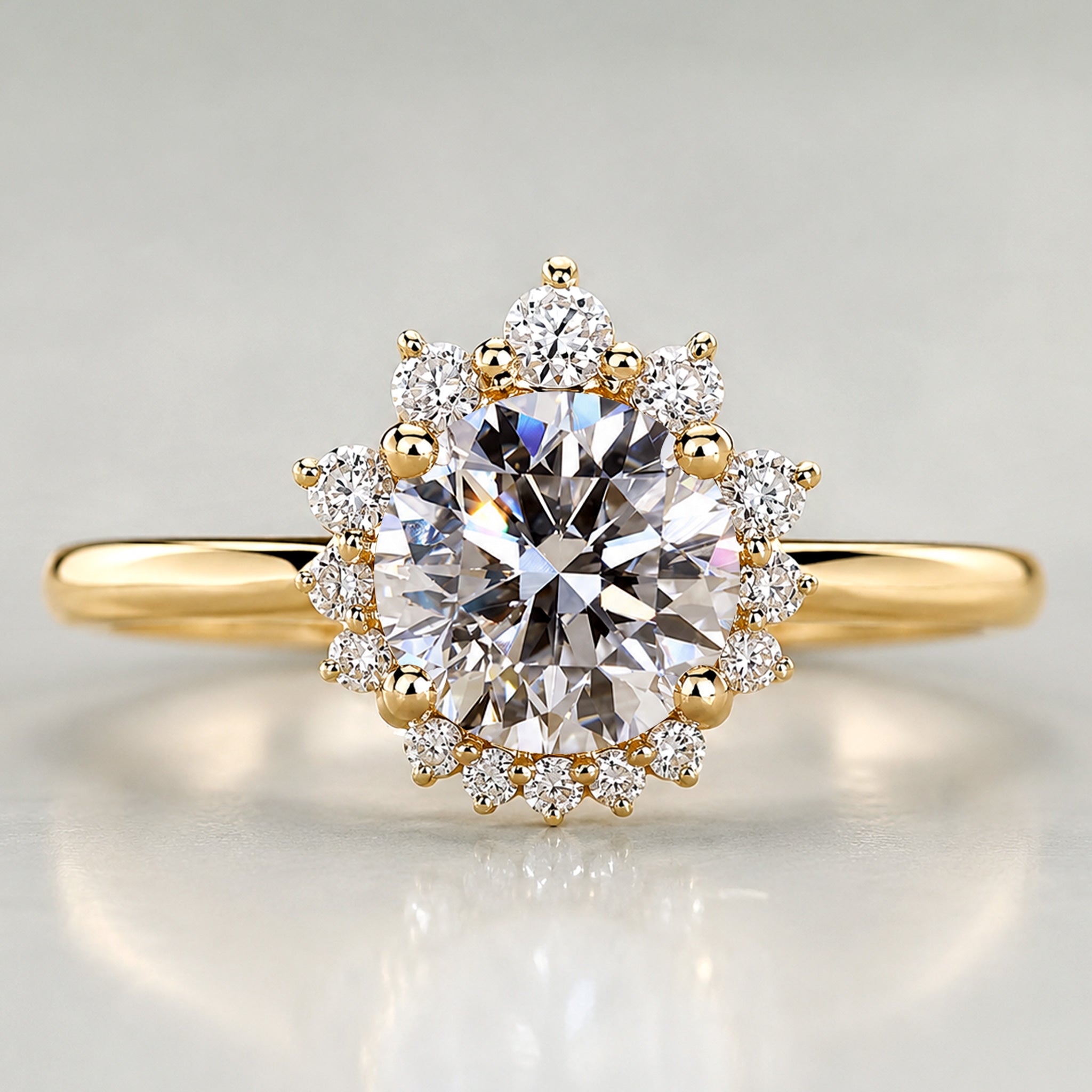 Halo Floral Design Round Cut Lab Grown Diamond Cathedral Basket Engagement Ring With Round Cut Accent Stones #MCERL0080
