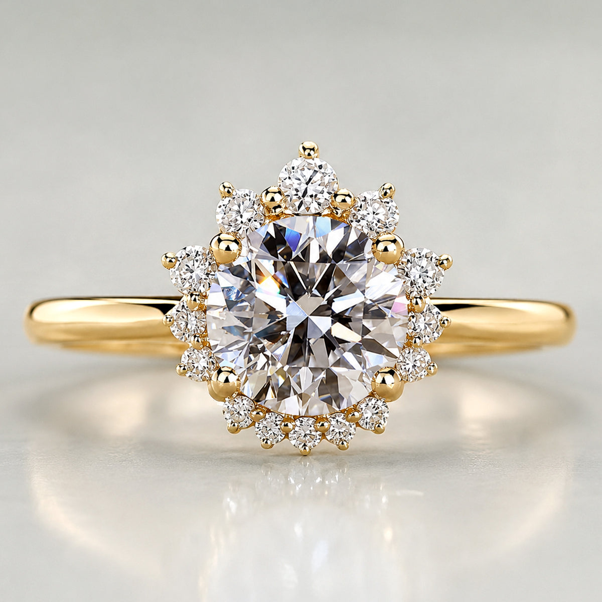 Halo Floral Design Round Cut Lab Grown Diamond Cathedral Basket Engagement Ring With Round Cut Accent Stones #MCERL0080
