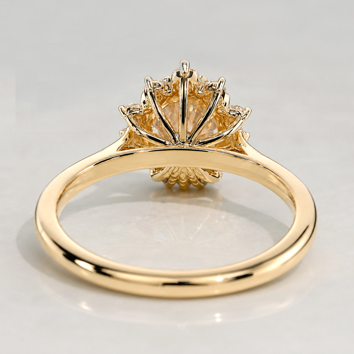 Halo Floral Design Round Cut Lab Grown Diamond Cathedral Basket Engagement Ring With Round Cut Accent Stones #MCERL0080