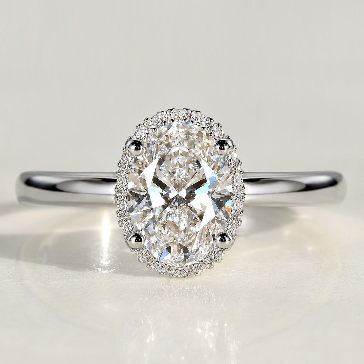 Halo Modern Design Oval Cut Lab Grown Diamond Pave Shank Engagement Ring With Round Cut Accent Stones #MCERL0081