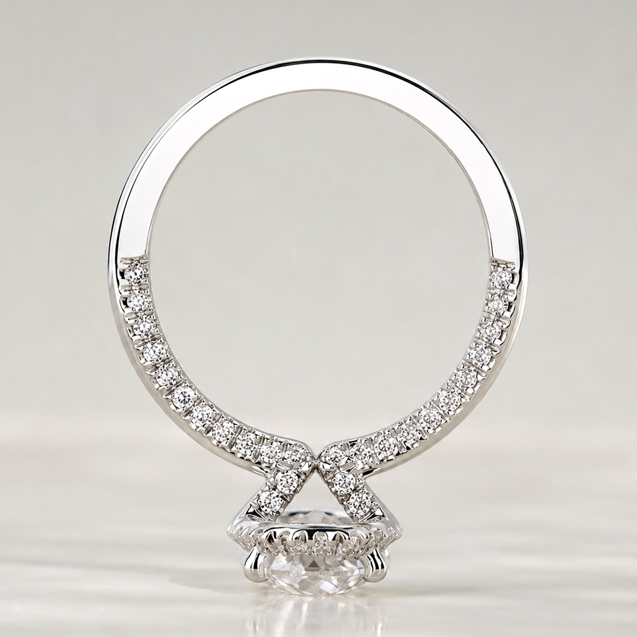 Halo Modern Design Oval Cut Lab Grown Diamond Pave Shank Engagement Ring With Round Cut Accent Stones #MCERL0081