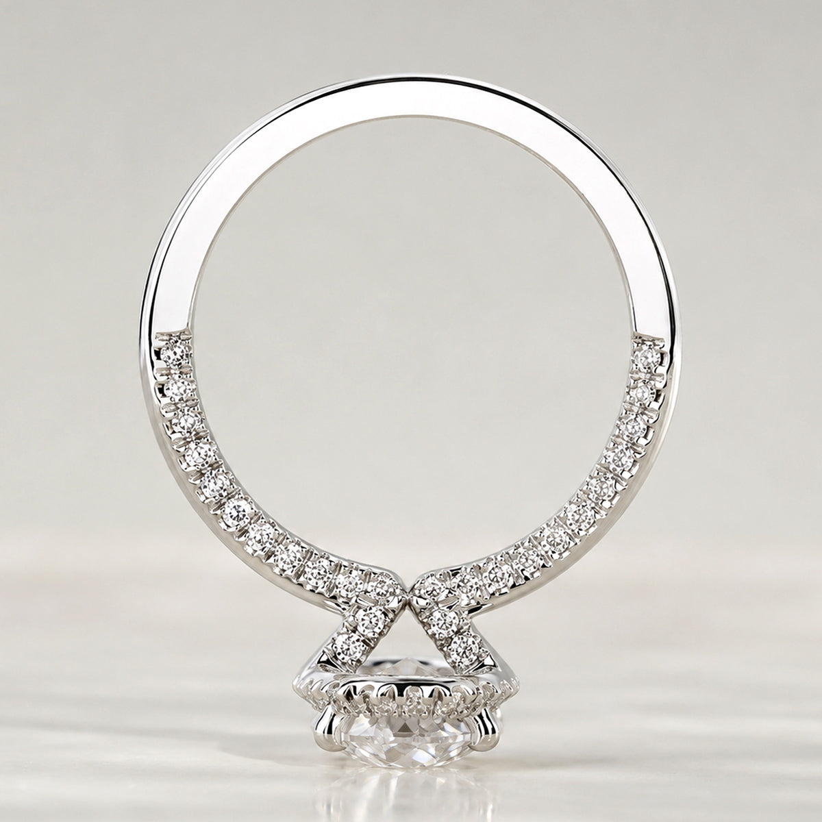 Halo Modern Design Oval Cut Lab Grown Diamond Pave Shank Engagement Ring With Round Cut Accent Stones #MCERL0081
