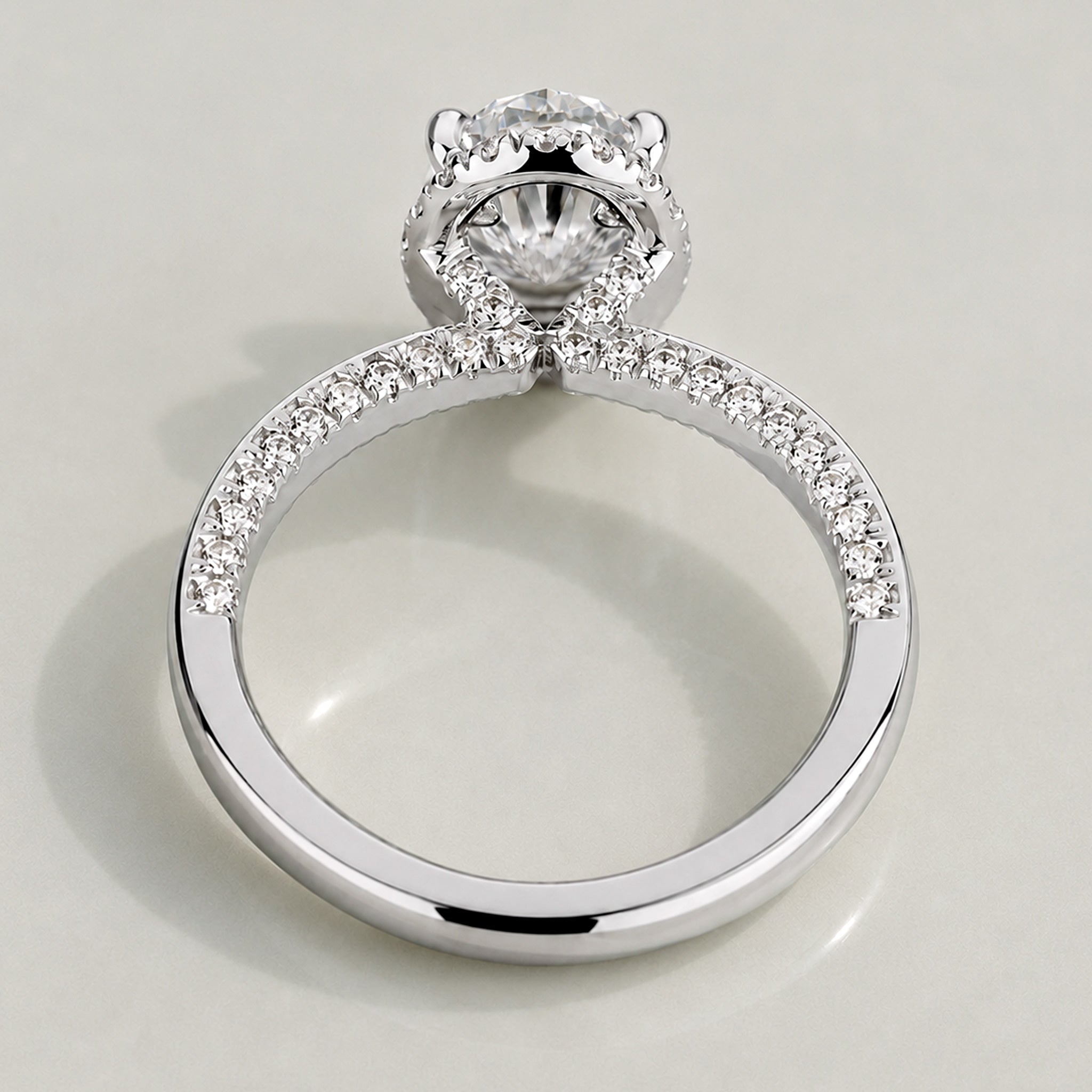 Halo Modern Design Oval Cut Lab Grown Diamond Pave Shank Engagement Ring With Round Cut Accent Stones #MCERL0081