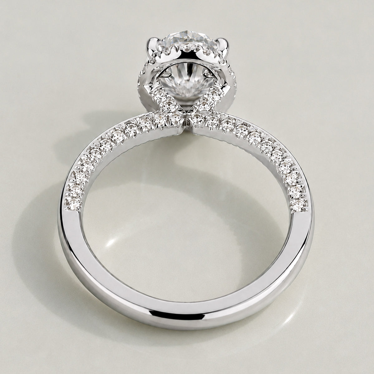 Halo Modern Design Oval Cut Lab Grown Diamond Pave Shank Engagement Ring With Round Cut Accent Stones #MCERL0081