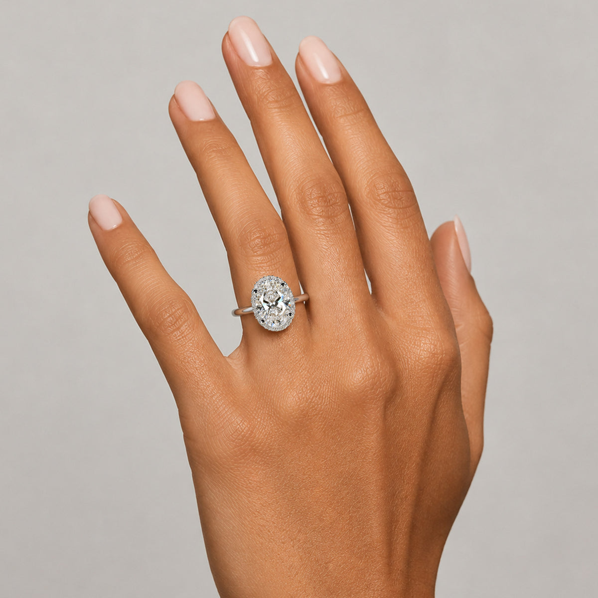 Halo Modern Design Oval Cut Lab Grown Diamond Pave Shank Engagement Ring With Round Cut Accent Stones #MCERL0081