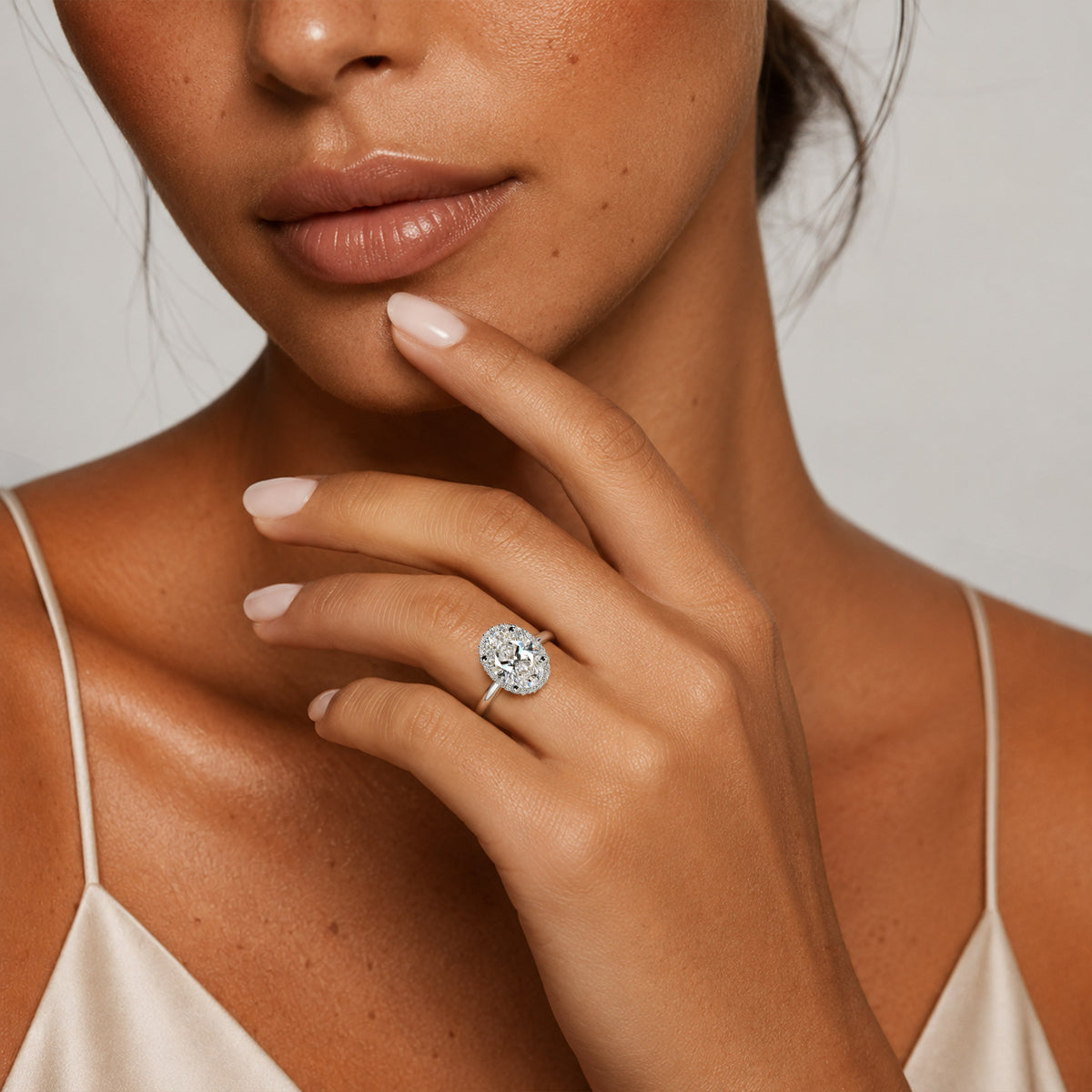 Halo Modern Design Oval Cut Lab Grown Diamond Pave Shank Engagement Ring With Round Cut Accent Stones #MCERL0081