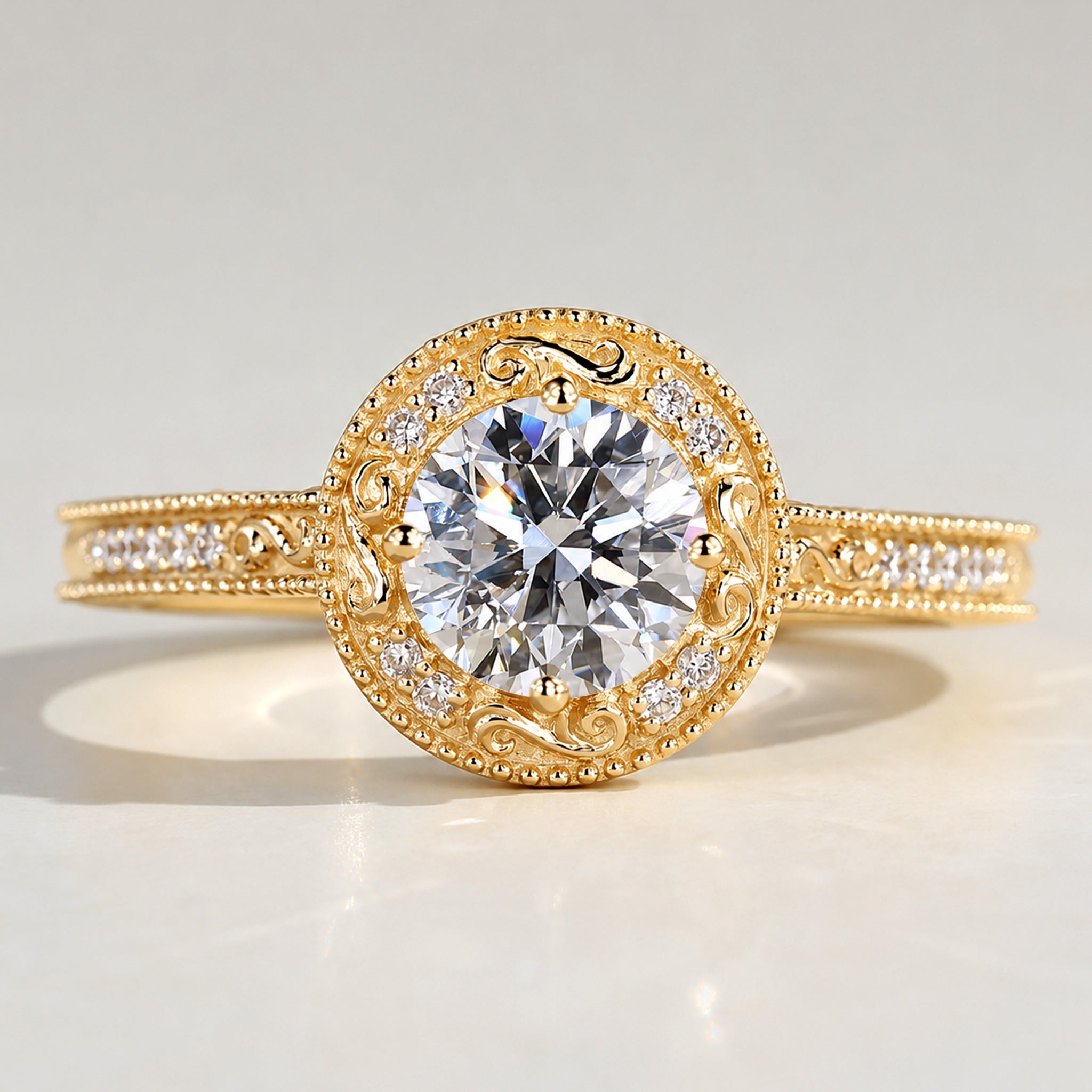 Halo Vintage Design Round Cut Lab Grown Diamond Cathedral Basket Milgrain Engraved Engagement Ring With Round Cut Accent Stones #MCERL0082