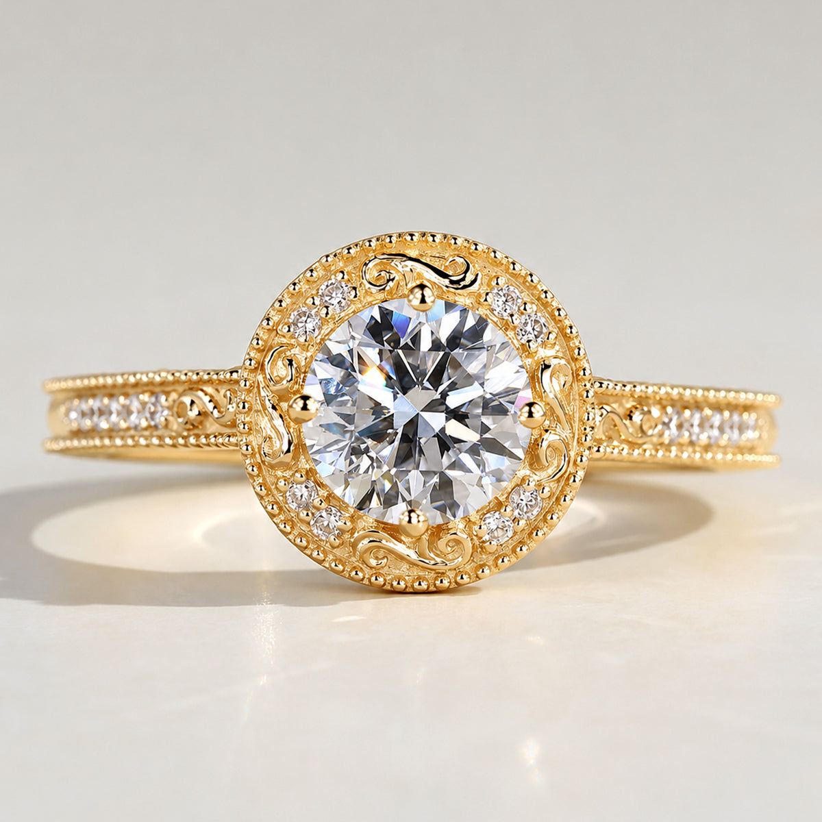 Halo Vintage Design Round Cut Lab Grown Diamond Cathedral Basket Milgrain Engraved Engagement Ring With Round Cut Accent Stones #MCERL0082