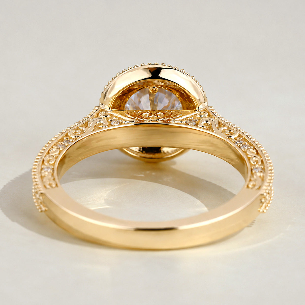 Halo Vintage Design Round Cut Lab Grown Diamond Cathedral Basket Milgrain Engraved Engagement Ring With Round Cut Accent Stones #MCERL0082