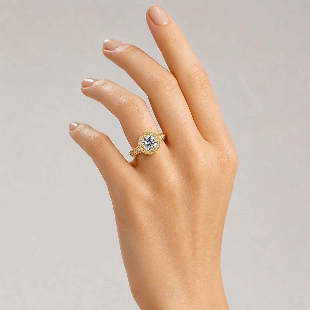 Halo Vintage Design Round Cut Lab Grown Diamond Cathedral Basket Milgrain Engraved Engagement Ring With Round Cut Accent Stones #MCERL0082
