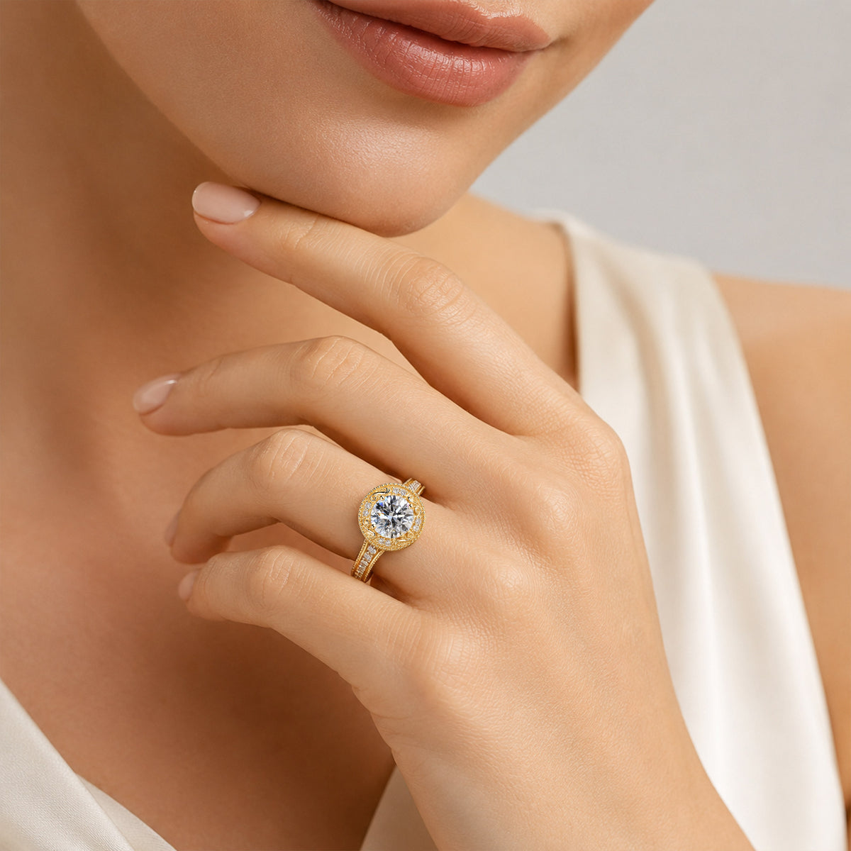 Halo Vintage Design Round Cut Lab Grown Diamond Cathedral Basket Milgrain Engraved Engagement Ring With Round Cut Accent Stones #MCERL0082