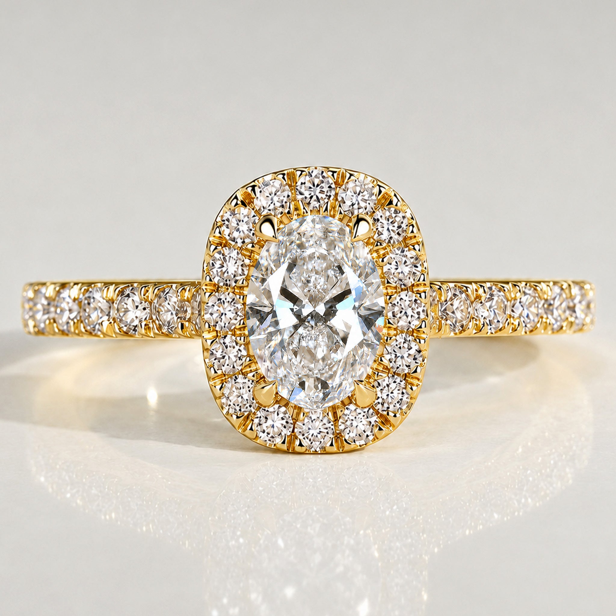 Halo Modern Design Oval Cut Lab Grown Diamond Pave Shank Engagement Ring With Round Cut Accent Stones #MCERL0085