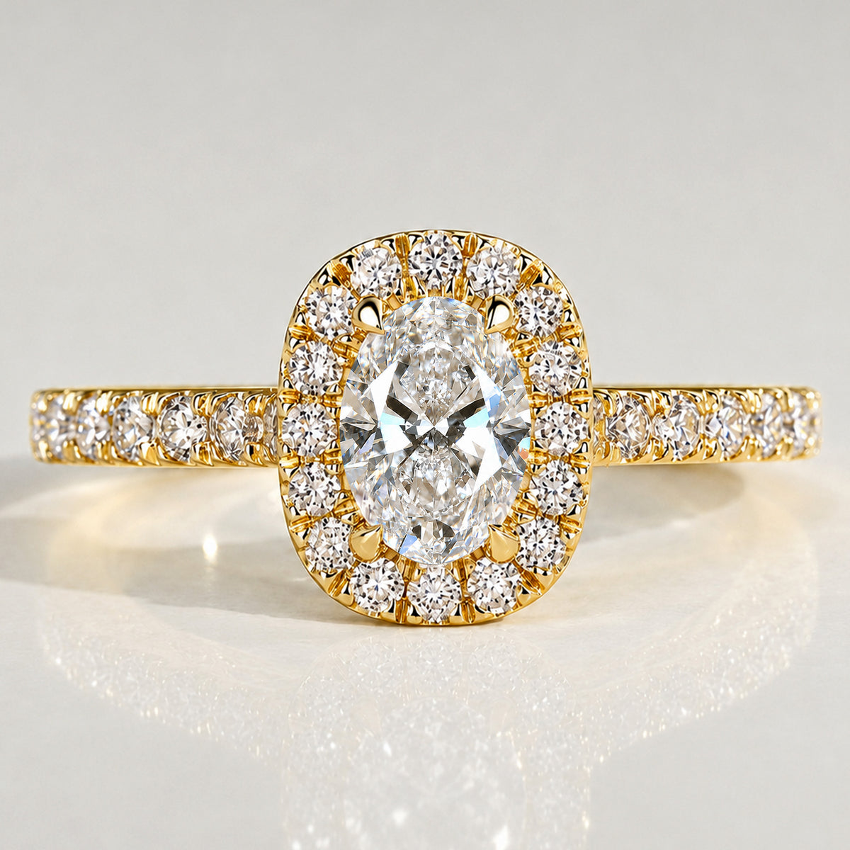 Halo Modern Design Oval Cut Lab Grown Diamond Pave Shank Engagement Ring With Round Cut Accent Stones #MCERL0085