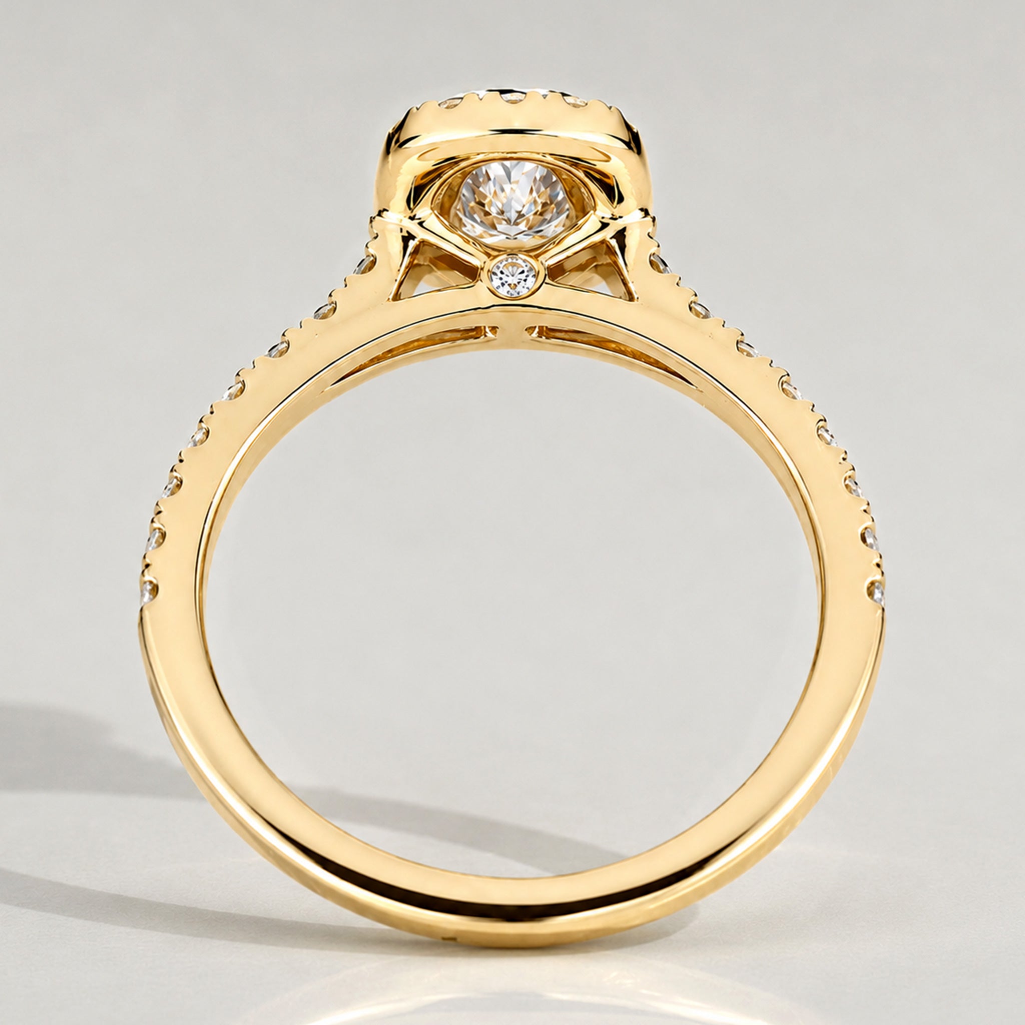 Halo Modern Design Oval Cut Lab Grown Diamond Pave Shank Engagement Ring With Round Cut Accent Stones #MCERL0085