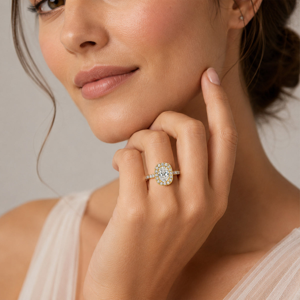 Halo Modern Design Oval Cut Lab Grown Diamond Pave Shank Engagement Ring With Round Cut Accent Stones #MCERL0085
