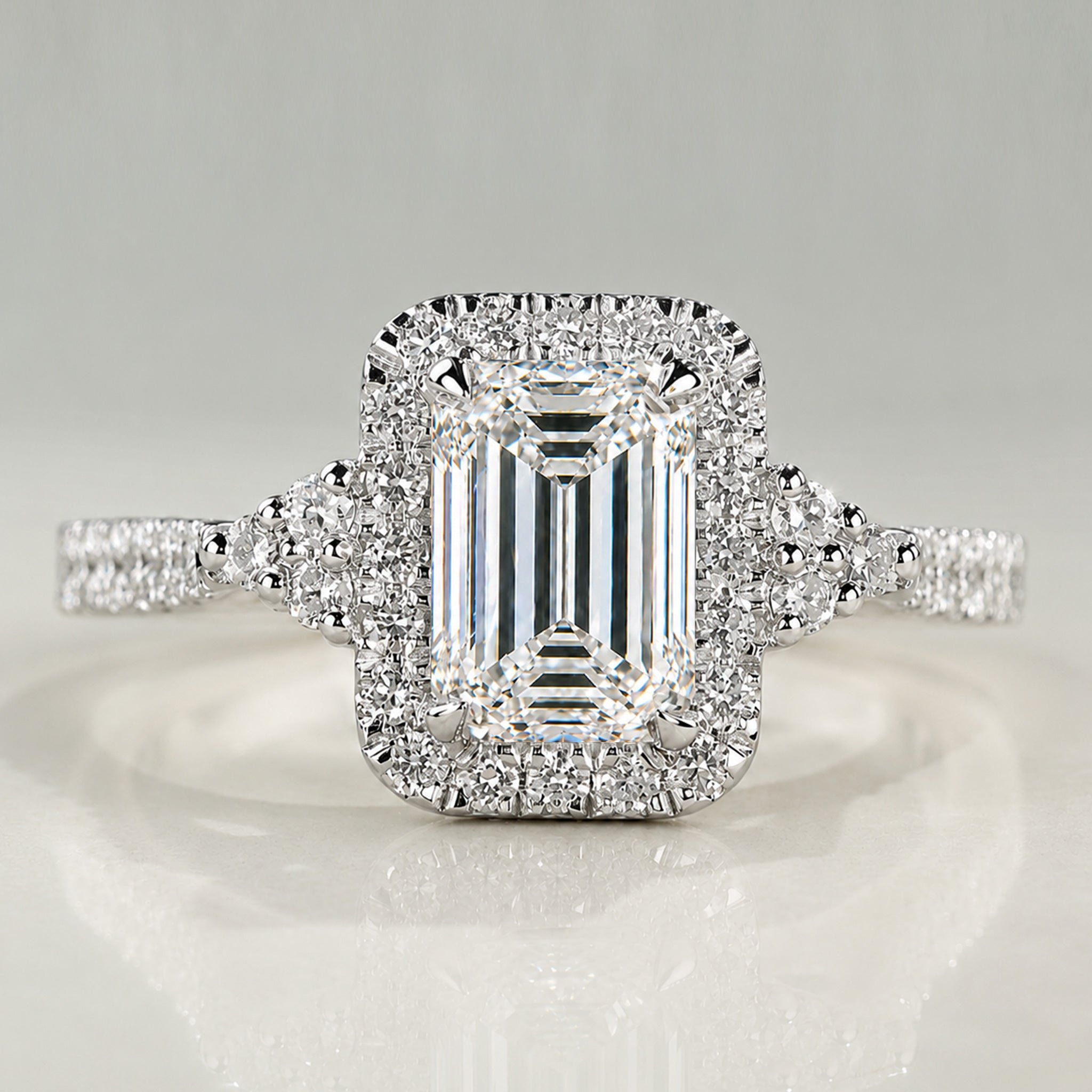 Halo Modern Design Emerald Cut Lab Grown Diamond Cathedral Basket Engagement Ring With Round Cut Accent Stones #MCERL0088