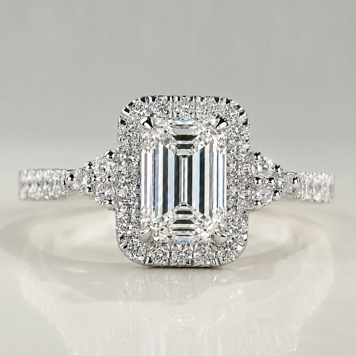 Halo Modern Design Emerald Cut Lab Grown Diamond Cathedral Basket Engagement Ring With Round Cut Accent Stones #MCERL0088
