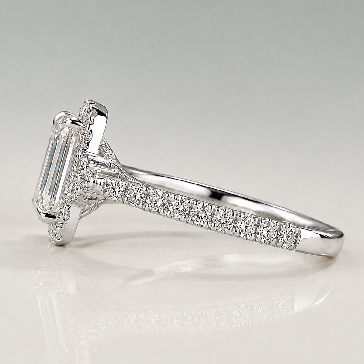 Halo Modern Design Emerald Cut Lab Grown Diamond Cathedral Basket Engagement Ring With Round Cut Accent Stones #MCERL0088