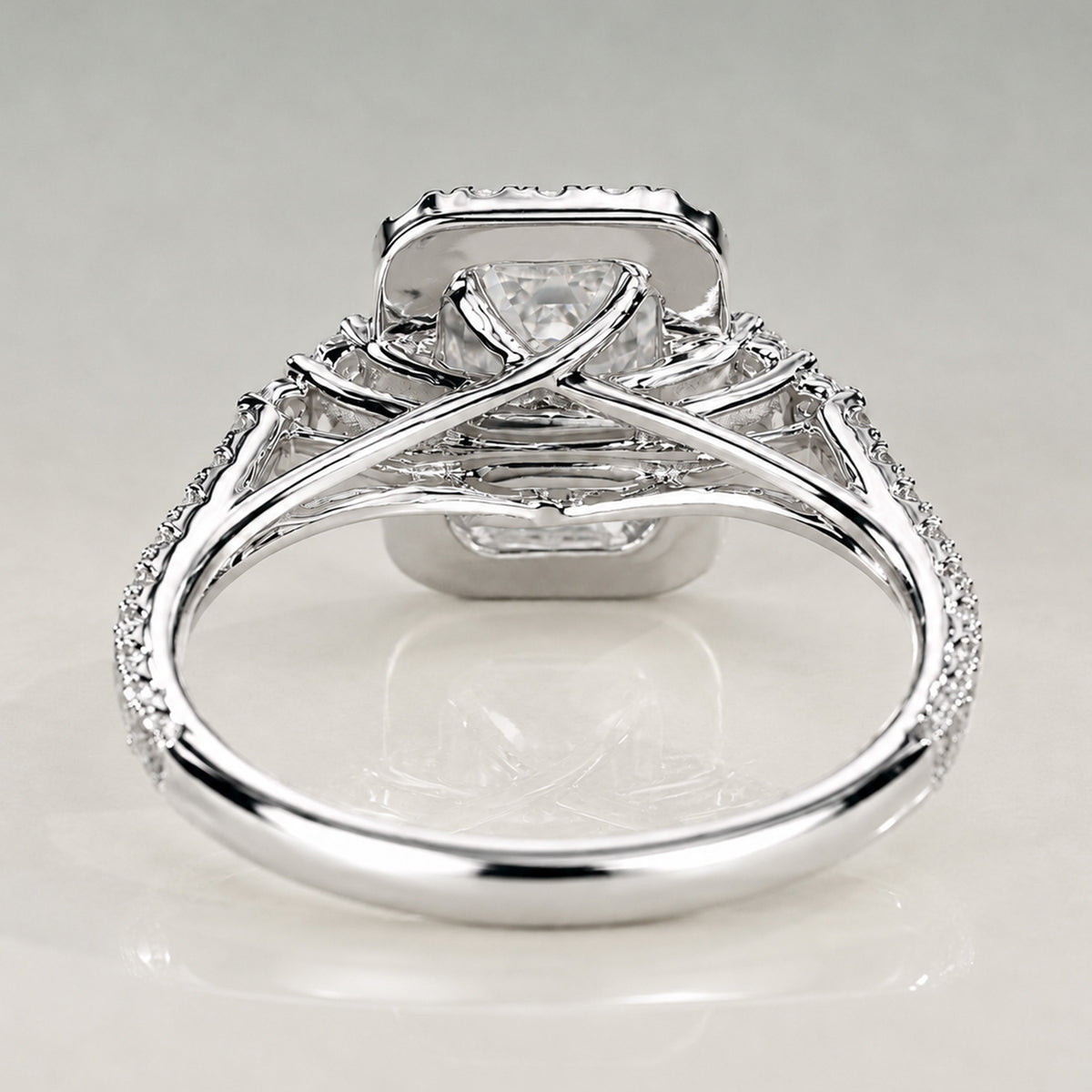Halo Modern Design Emerald Cut Lab Grown Diamond Cathedral Basket Engagement Ring With Round Cut Accent Stones #MCERL0088