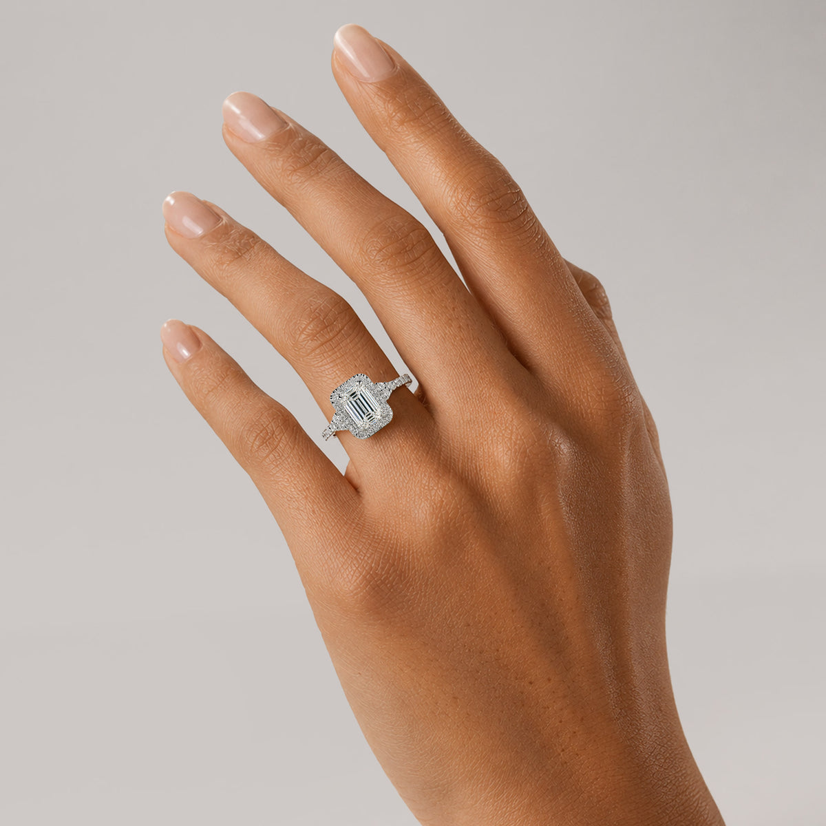 Halo Modern Design Emerald Cut Lab Grown Diamond Cathedral Basket Engagement Ring With Round Cut Accent Stones #MCERL0088
