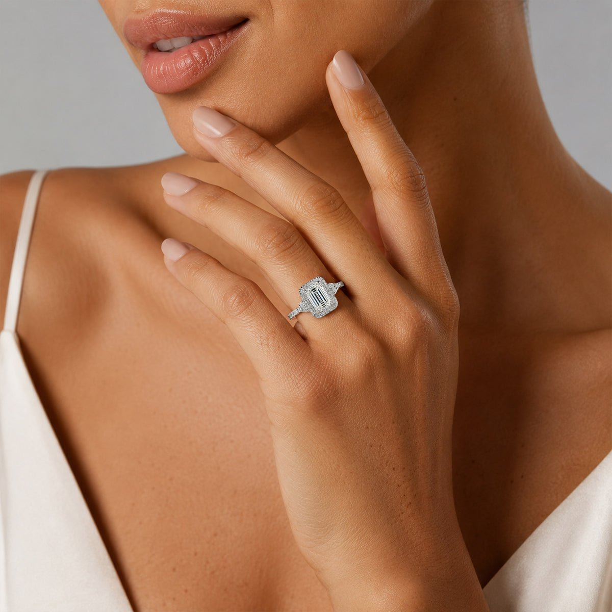 Halo Modern Design Emerald Cut Lab Grown Diamond Cathedral Basket Engagement Ring With Round Cut Accent Stones #MCERL0088