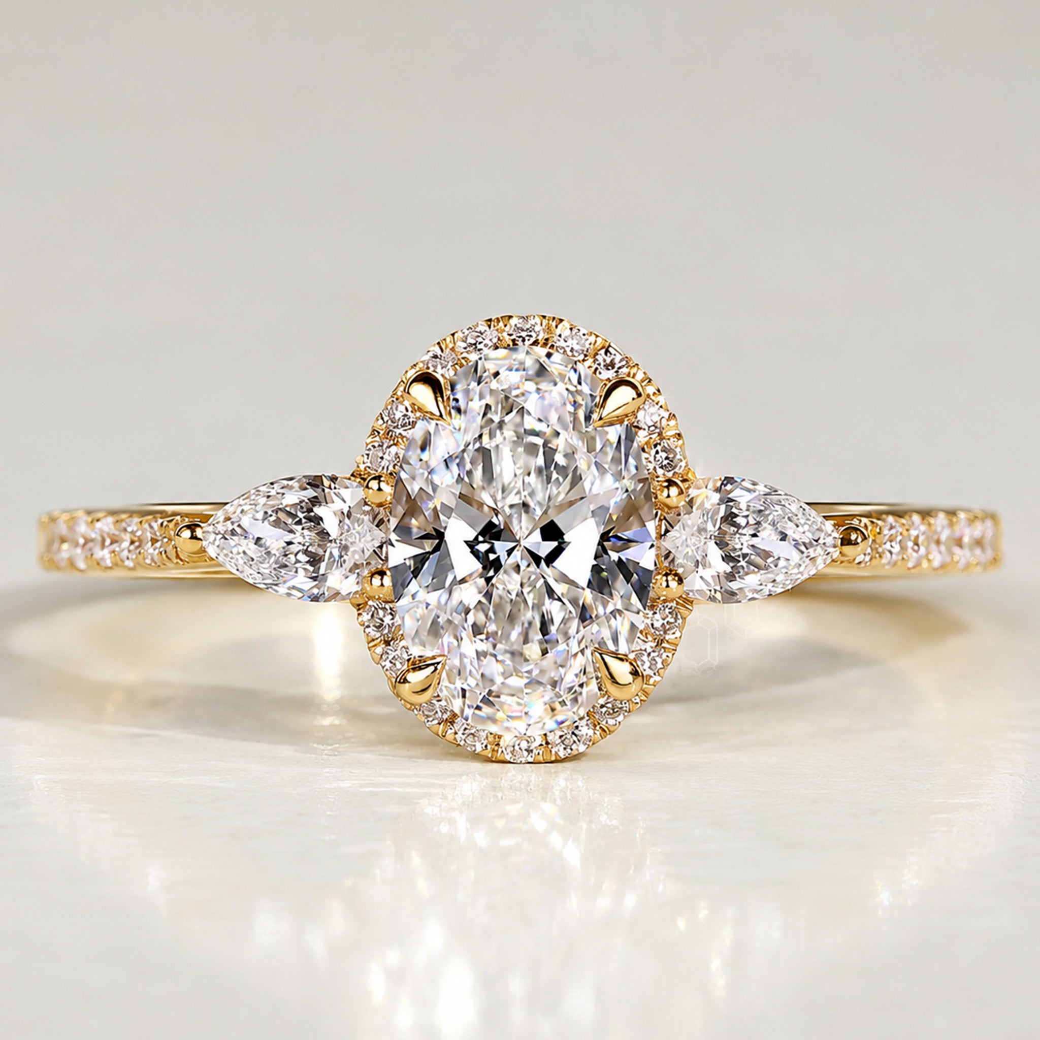 Halo Three Stones Modern Design Oval Cut Lab Grown Diamond Cathedral Basket Engagement Ring With Pear Cut And Round Cut Accent Stones #MCERL0096