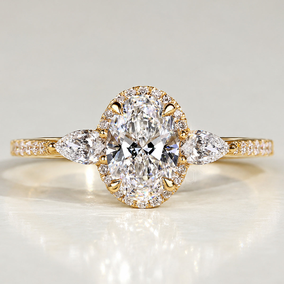 Halo Three Stones Modern Design Oval Cut Lab Grown Diamond Cathedral Basket Engagement Ring With Pear Cut And Round Cut Accent Stones #MCERL0096
