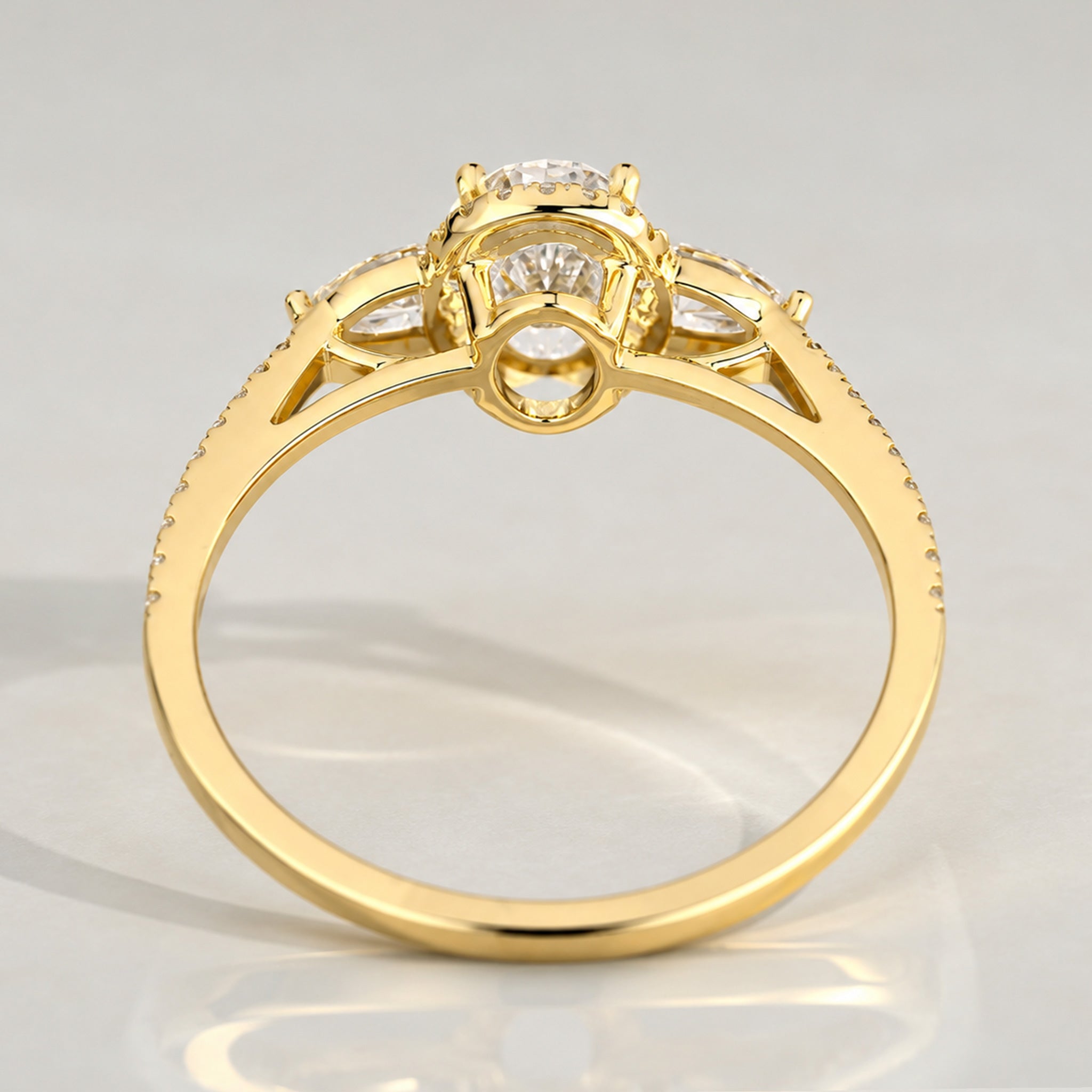 Halo Three Stones Modern Design Oval Cut Lab Grown Diamond Cathedral Basket Engagement Ring With Pear Cut And Round Cut Accent Stones #MCERL0096