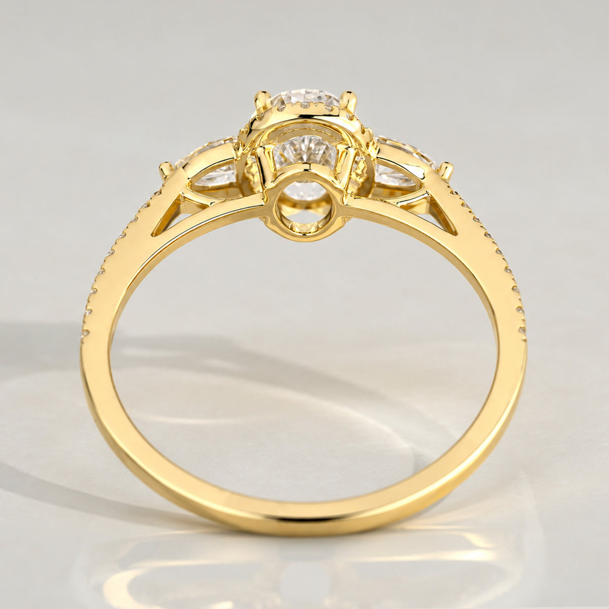 Halo Three Stones Modern Design Oval Cut Lab Grown Diamond Cathedral Basket Engagement Ring With Pear Cut And Round Cut Accent Stones #MCERL0096