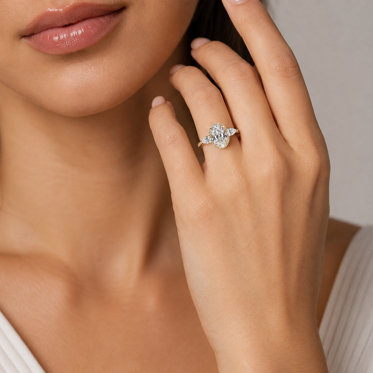 Halo Three Stones Modern Design Oval Cut Lab Grown Diamond Cathedral Basket Engagement Ring With Pear Cut And Round Cut Accent Stones #MCERL0096