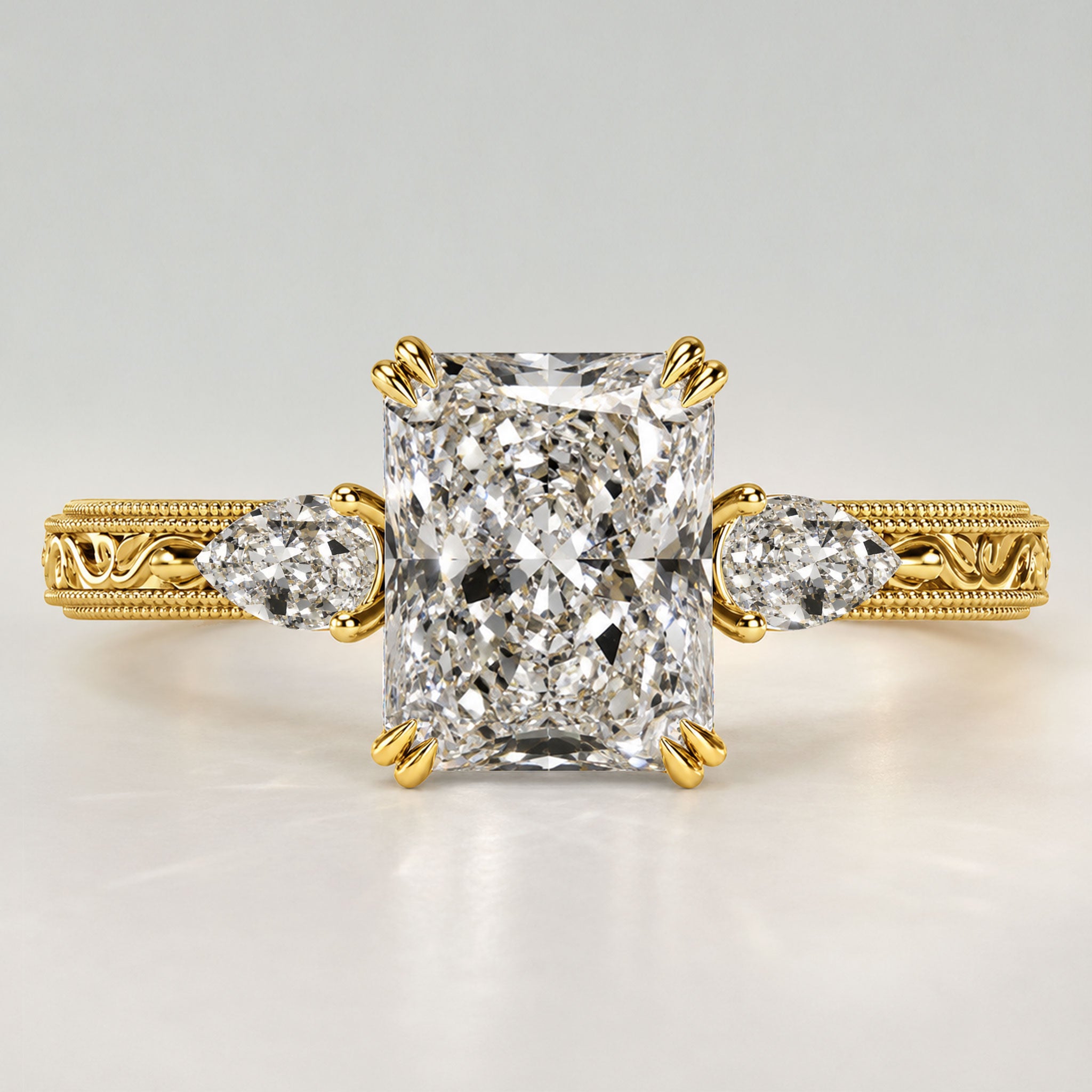 Vintage Hidden Halo Design Radiant Cut Lab Grown Diamond Center Stone Engagement Ring With Round Cut And Pear Cut Accent Stones #MCERL0099