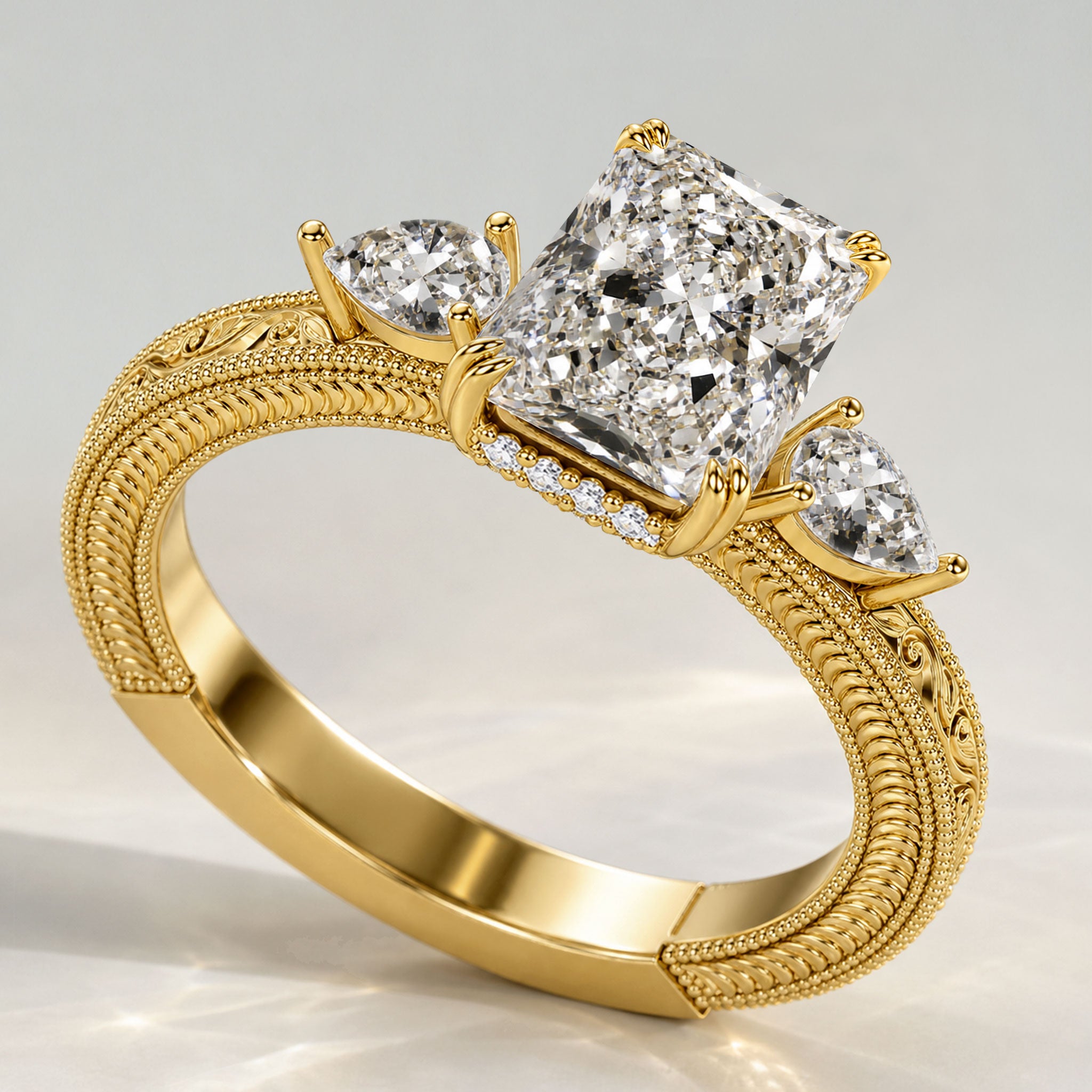 Vintage Hidden Halo Design Radiant Cut Lab Grown Diamond Center Stone Engagement Ring With Round Cut And Pear Cut Accent Stones #MCERL0099