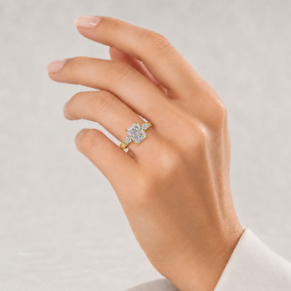 Vintage Hidden Halo Design Radiant Cut Lab Grown Diamond Center Stone Engagement Ring With Round Cut And Pear Cut Accent Stones #MCERL0099