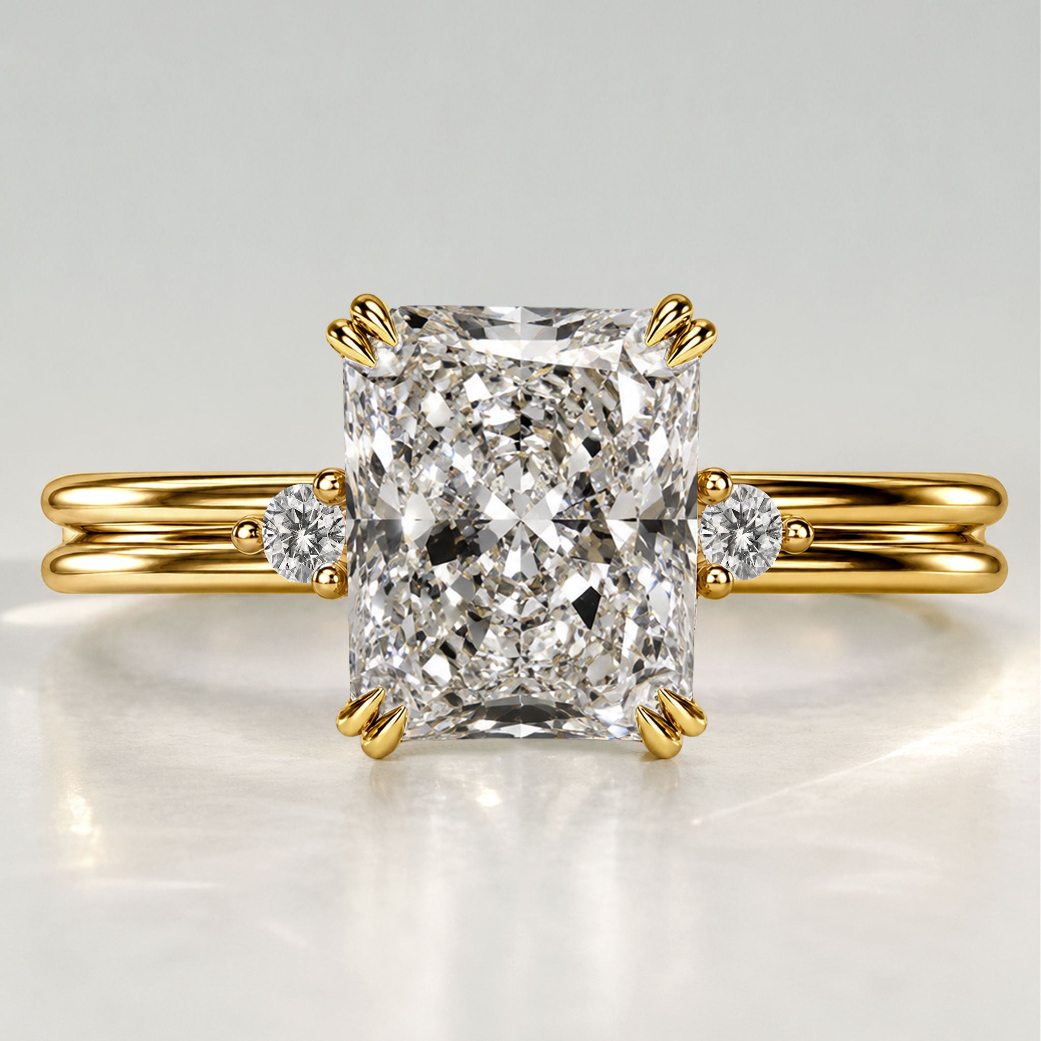 Classic Three Stones Design Radiant Cut Lab Grown Diamond Center Stone Engagement Ring With Round Cut Accent Stones #MCERL0102