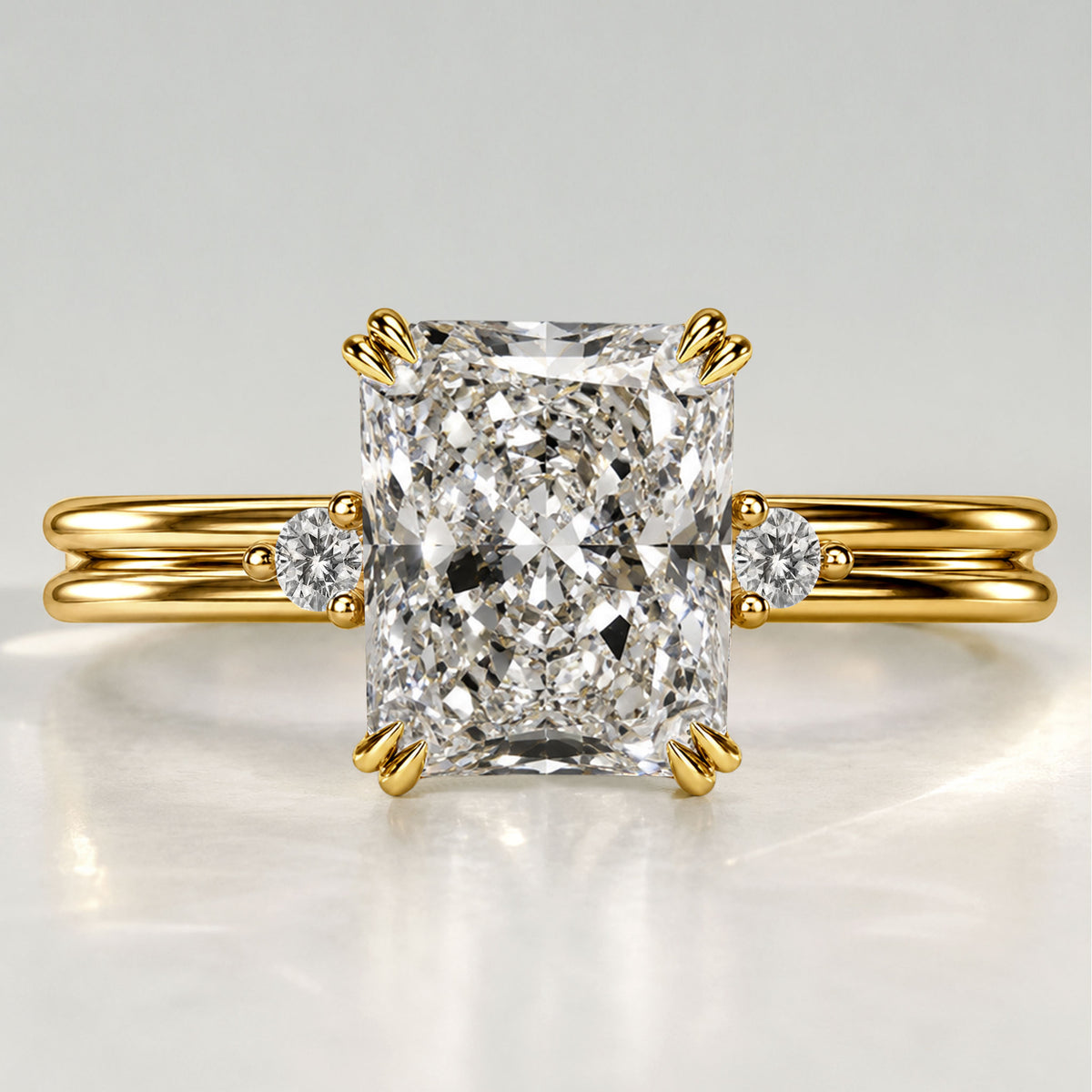 Classic Three Stones Design Radiant Cut Lab Grown Diamond Center Stone Engagement Ring With Round Cut Accent Stones #MCERL0102