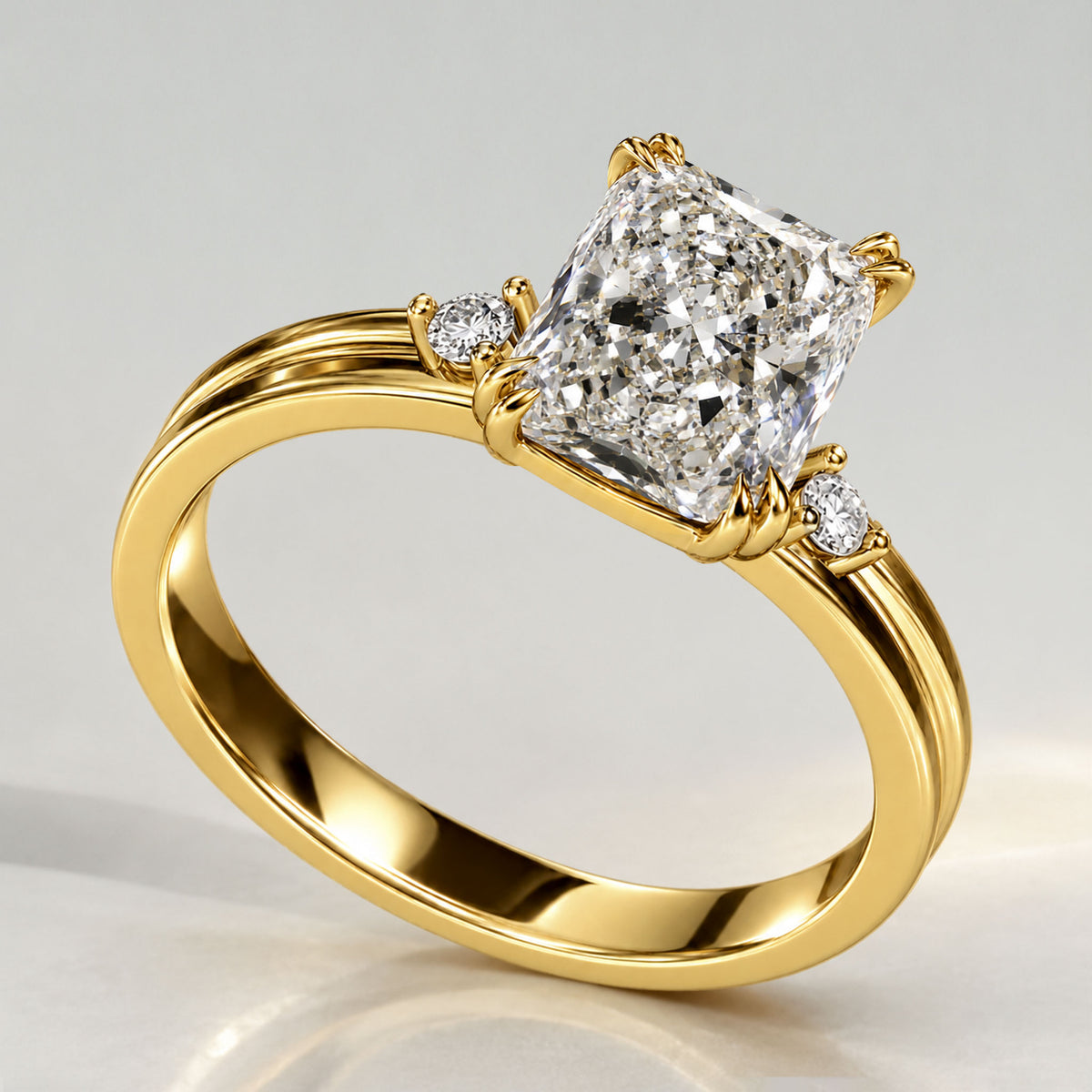 Classic Three Stones Design Radiant Cut Lab Grown Diamond Center Stone Engagement Ring With Round Cut Accent Stones #MCERL0102