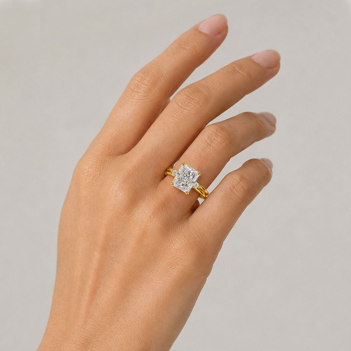 Classic Three Stones Design Radiant Cut Lab Grown Diamond Center Stone Engagement Ring With Round Cut Accent Stones #MCERL0102