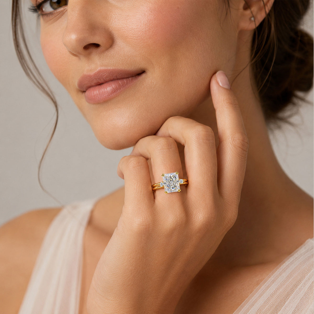 Classic Three Stones Design Radiant Cut Lab Grown Diamond Center Stone Engagement Ring With Round Cut Accent Stones #MCERL0102