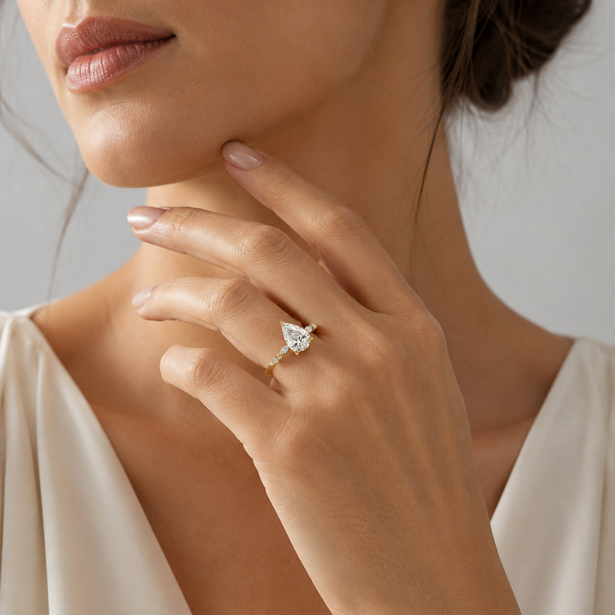 Hidden Halo Design Pear Cut Lab Grown Diamond Center Stone Pave Shank Engagement Ring With Round Cut And Marquise Cut Accent Stones #MCERL0114