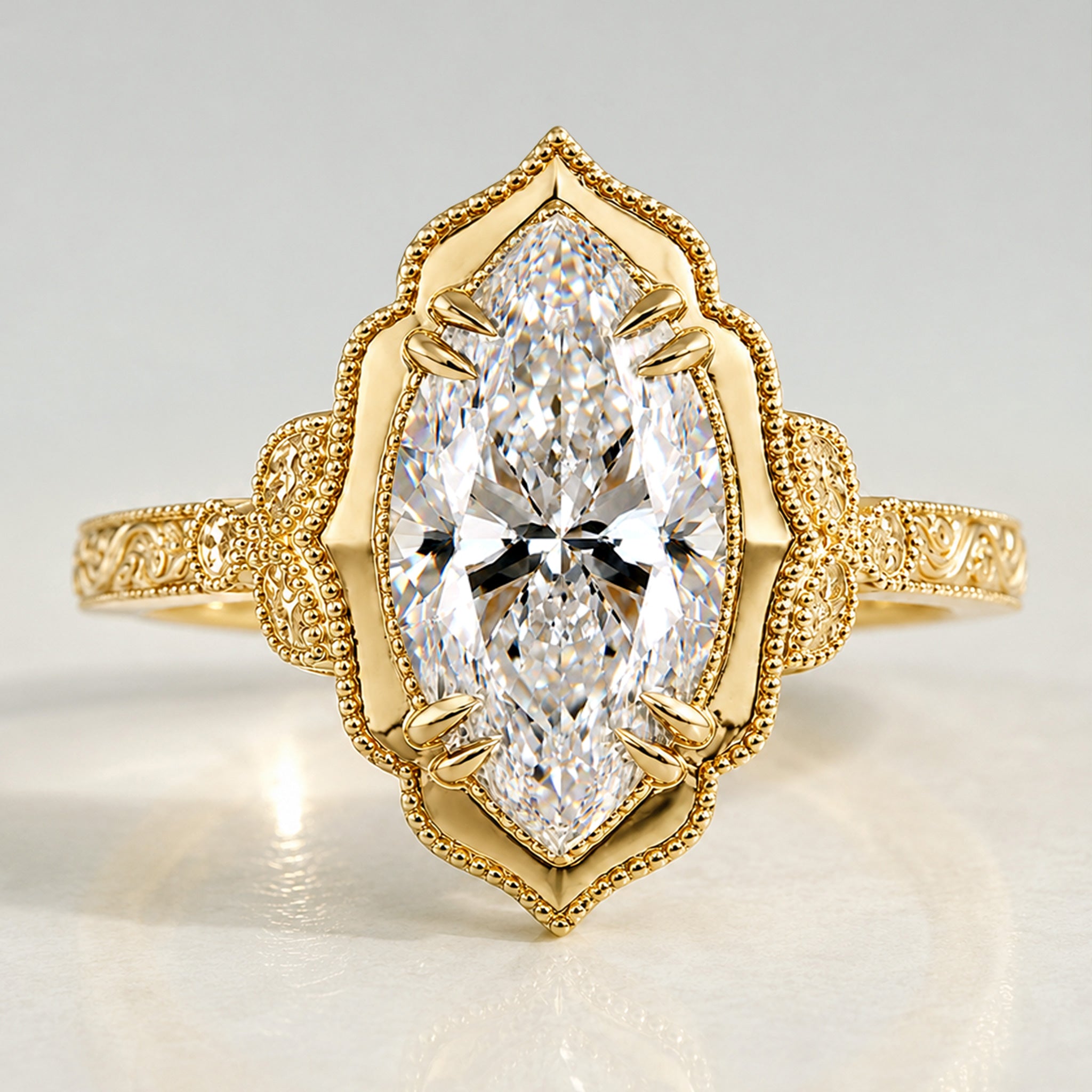 Vintage Design Marquise Cut Lab Grown Diamond Center Stone Cathedral Basket Engagement Ring With Marquise Cut Accent Stones #MCERL0116