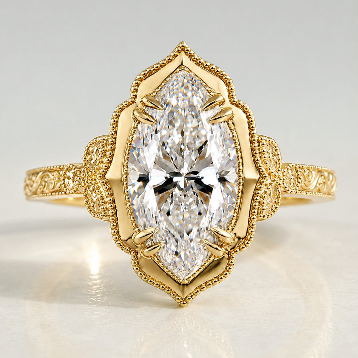 Vintage Design Marquise Cut Lab Grown Diamond Center Stone Cathedral Basket Engagement Ring With Marquise Cut Accent Stones #MCERL0116