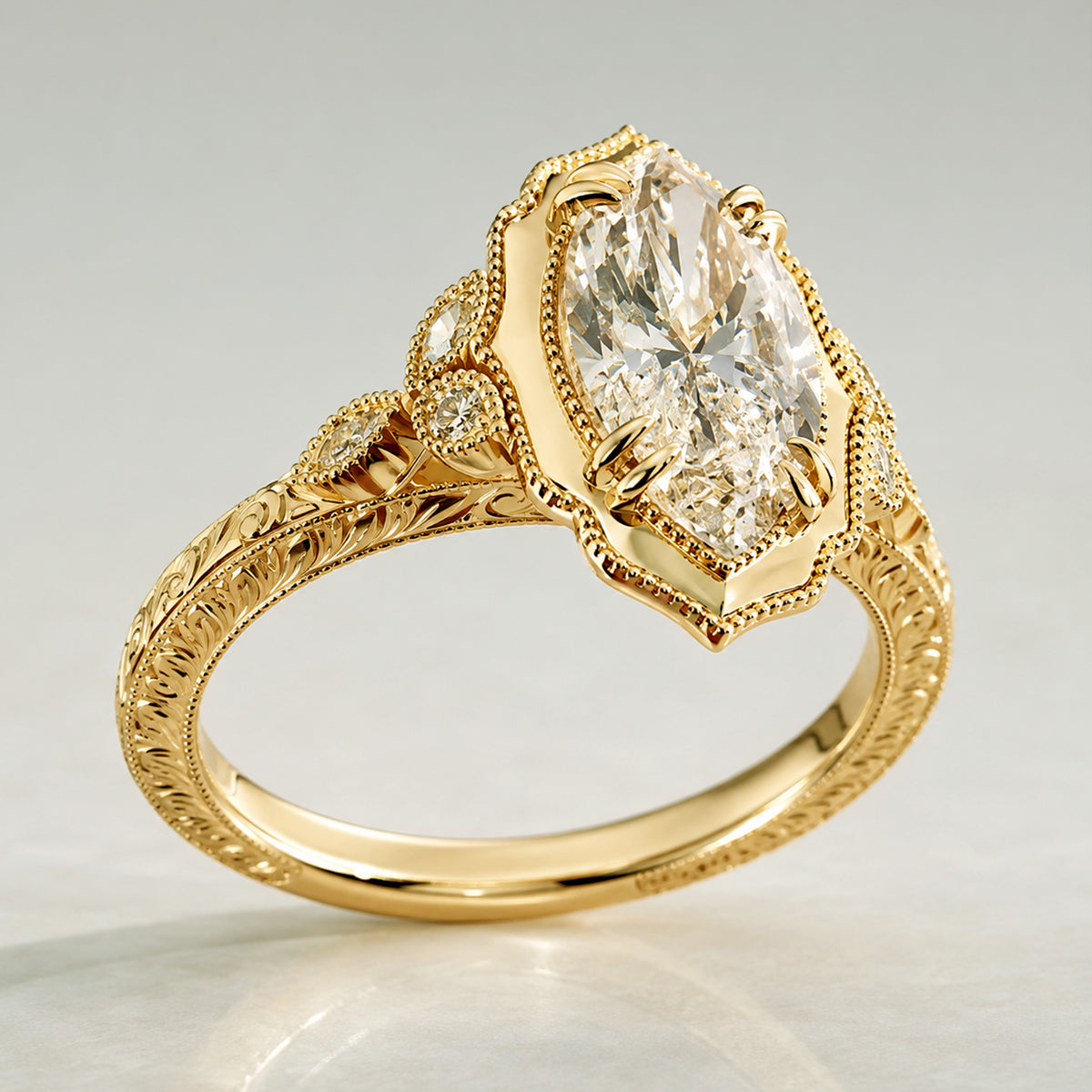 Vintage Design Marquise Cut Lab Grown Diamond Center Stone Cathedral Basket Engagement Ring With Marquise Cut Accent Stones #MCERL0116